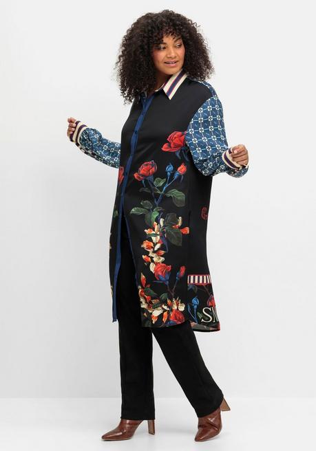 Sheego Loves Miss Goodlife Extralange Hemdbluse Aus Viskose-Satin - Schwarz Bedruckt Sheego