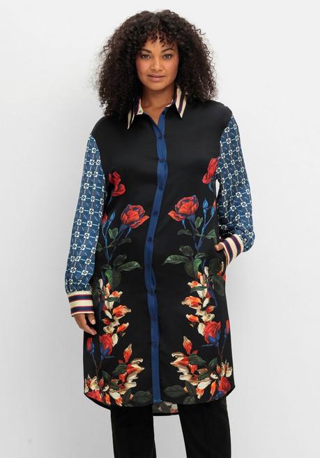 sheego loves miss goodlife Extralange Hemdbluse aus Viskose-Satin - schwarz bedruckt sheego