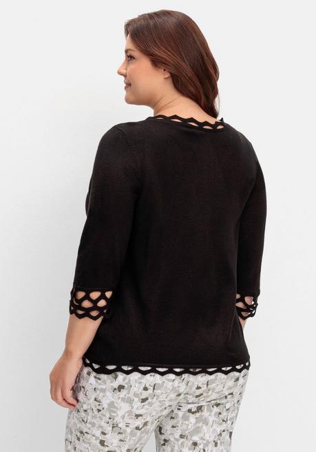 Sheego Feinstrickpullover Mit Zierborte Und 3/4-Arm - Schwarz Sheego