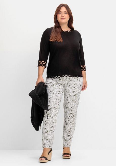 Sheego Feinstrickpullover Mit Zierborte Und 3/4-Arm - Schwarz Sheego