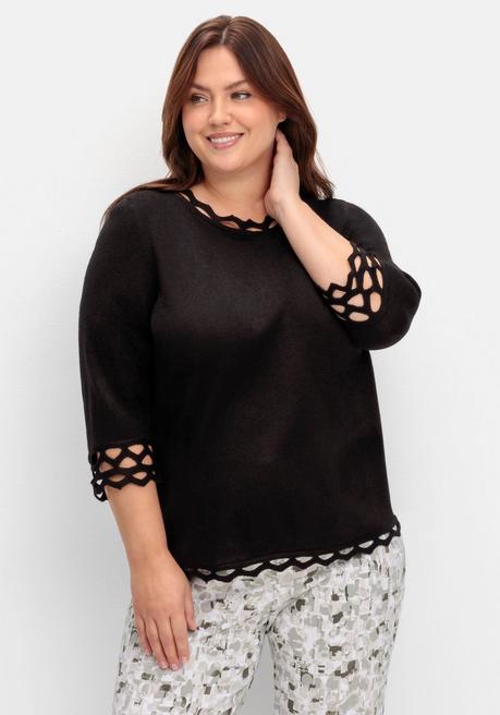 Sheego Feinstrickpullover Mit Zierborte Und 3/4-Arm - Schwarz Sheego