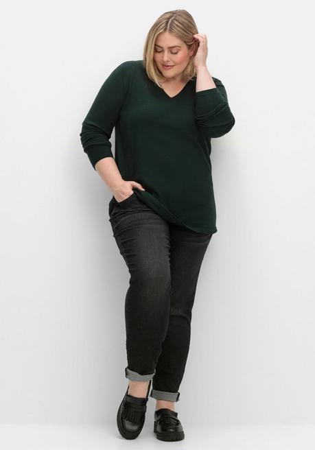 Sheego Flauschiger Pullover Mit V-Ausschnitt - Tiefgrün Sheego