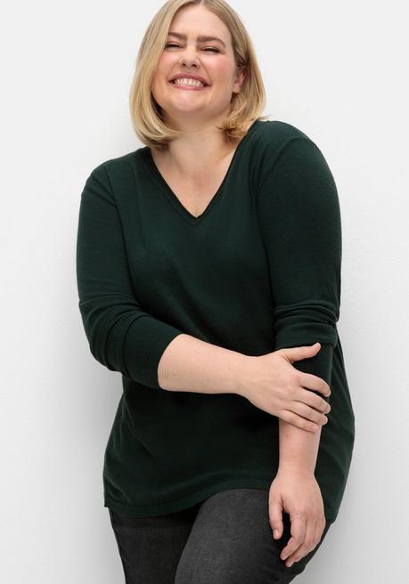 Sheego Flauschiger Pullover Mit V-Ausschnitt - Tiefgrün Sheego