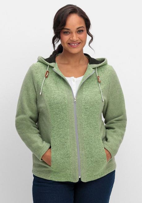 sheego Fleecejacke mit Kapuze und Strick-Einsätzen - hellgrün sheego