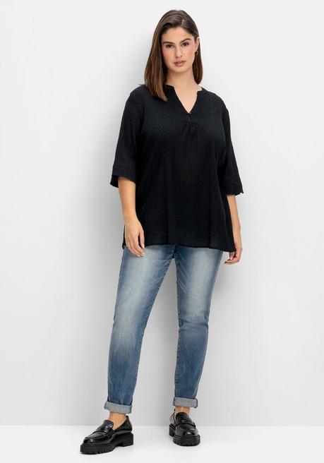 Sheego Gecrinkelte Tunika Mit Eingewebten Punkten - Schwarz Sheego