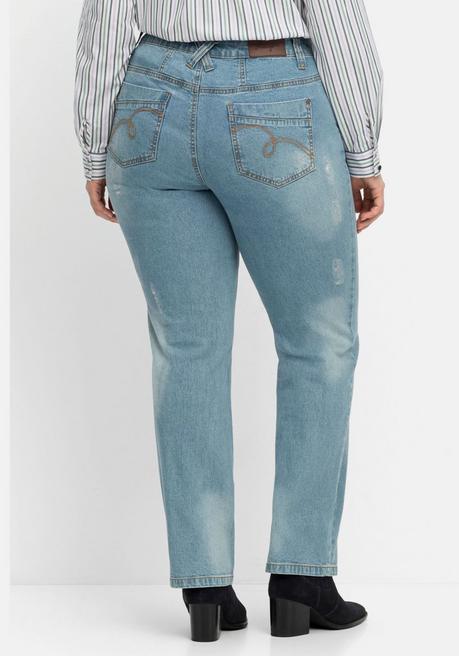 Sheego Gerade Jeans Mit Destroyed-Effekten Und Catfaces - Blue Used Denim Sheego