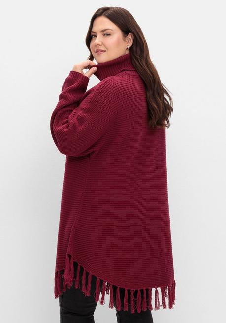 Sheego Gerippter Poncho-Pullover Mit Fransensaum - Beere Sheego