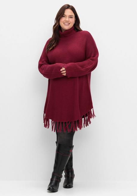 Sheego Gerippter Poncho-Pullover Mit Fransensaum - Beere Sheego