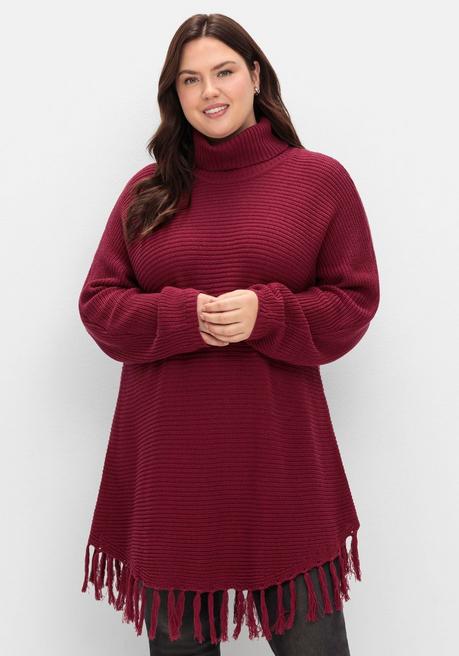 sheego Gerippter Poncho-Pullover mit Fransensaum - beere sheego sheego Gerippter Poncho-Pullover mit Fransensaum - beere sheego