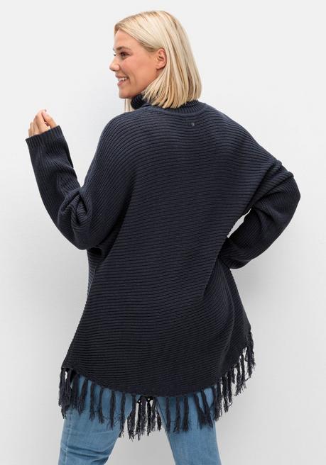 Sheego Gerippter Poncho-Pullover Mit Fransensaum - Nachtblau Sheego