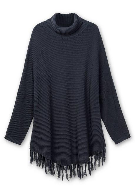 Sheego Gerippter Poncho-Pullover Mit Fransensaum - Nachtblau Sheego