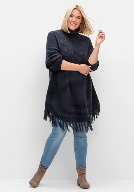 Sheego Gerippter Poncho-Pullover Mit Fransensaum - Nachtblau Sheego