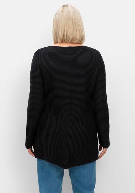Sheego Gerippter Pullover Mit Spitz Zulaufendem Saum - Schwarz Sheego