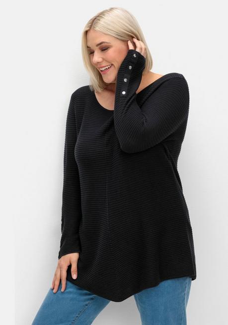 Sheego Gerippter Pullover Mit Spitz Zulaufendem Saum - Schwarz Sheego