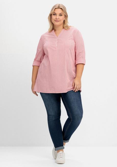 Sheego Gestreifte Longtunika Mit Knopfleiste - Mohnrot Gestreift Sheego