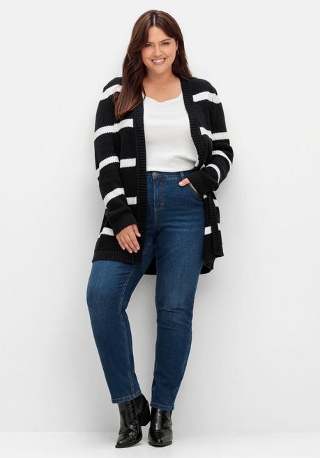 Sheego Gestreifte Strickjacke Im Patenstrickmuster - Schwarz-weiß Sheego