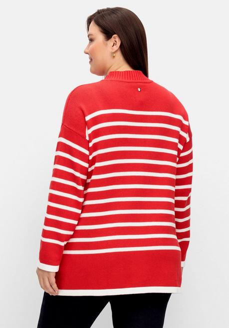 Sheego Gestreifter Pullover In A-Linie, Mit Seitenschlitzen - Mohnrot-weiß Sheego