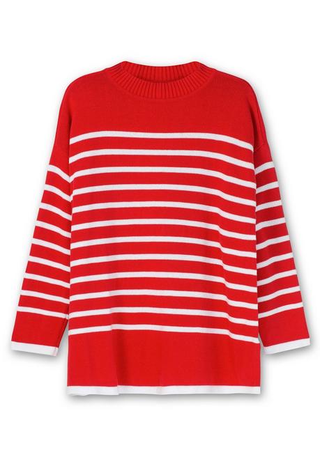 Sheego Gestreifter Pullover In A-Linie, Mit Seitenschlitzen - Mohnrot-weiß Sheego
