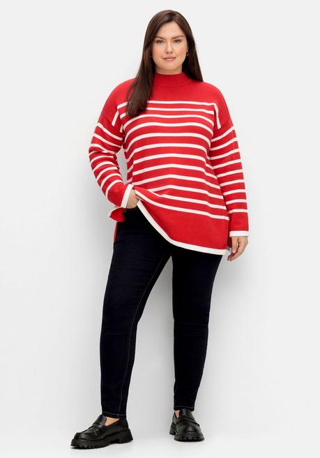 Sheego Gestreifter Pullover In A-Linie, Mit Seitenschlitzen - Mohnrot-weiß Sheego