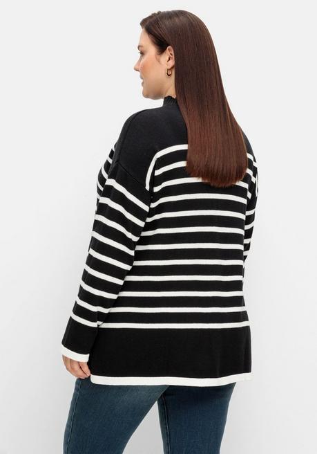 Sheego Gestreifter Pullover In A-Linie, Mit Seitenschlitzen - Schwarz-weiß Sheego