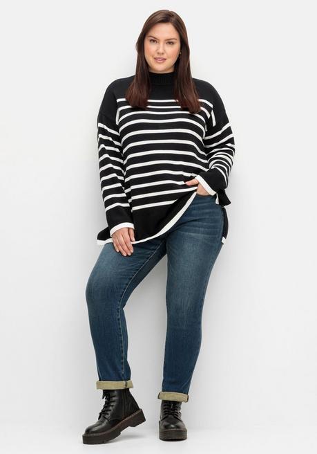 Sheego Gestreifter Pullover In A-Linie, Mit Seitenschlitzen - Schwarz-weiß Sheego