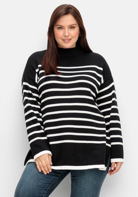 sheego Gestreifter Pullover in A-Linie, mit Seitenschlitzen - schwarz-weiß sheego