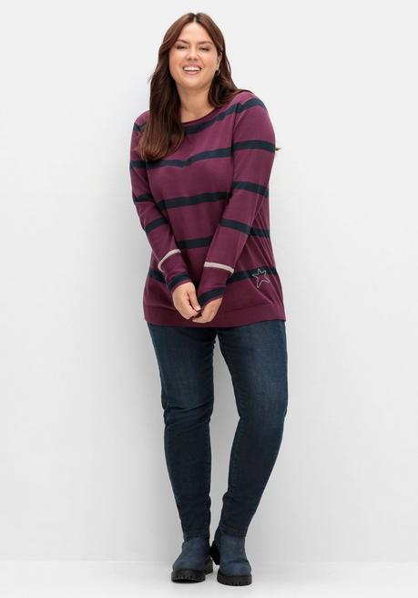 Sheego Gestreifter Pullover Mit Stern-Stickerei, Aus Baumwolle - Brombeer Gestreift Sheego