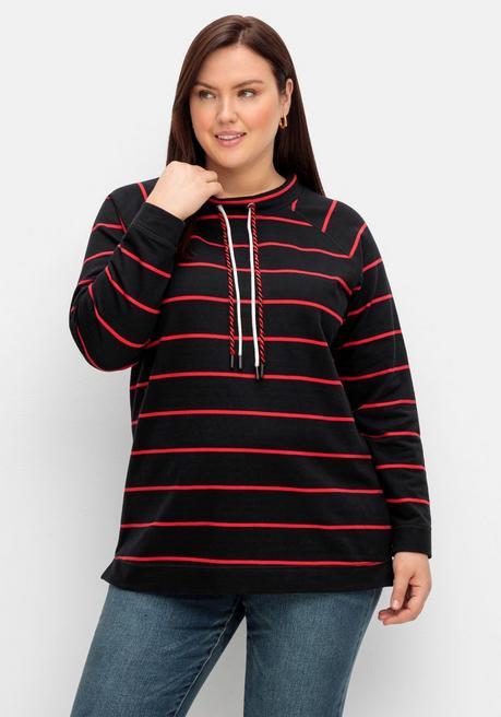 sheego Gestreiftes Sweatshirt mit Stehkragen - schwarz-rot sheego