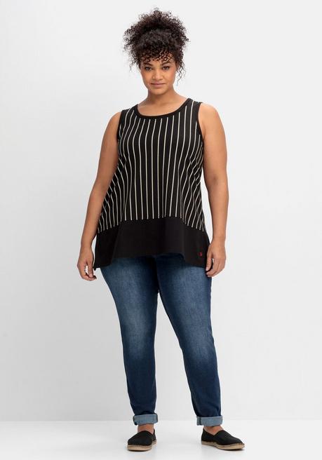 Sheego Gestreiftes Top In A-Linie, Mit Spitze Am Ausschnitt - Schwarz Gestreift Sheego