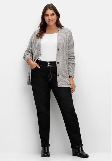 Sheego Grobstrickjacke Mit Stehkragen Und Taschen - Steingrau Meliert Sheego