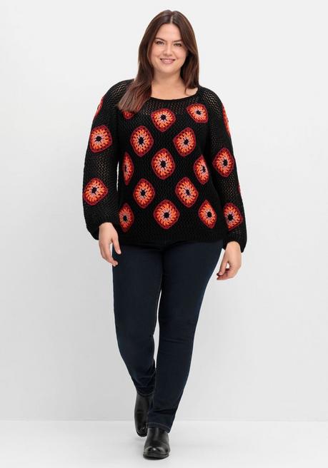 Sheego By Joe Browns Häkelpullover Mit Aufgenähten Rhomben - Schwarz Gemustert Sheego