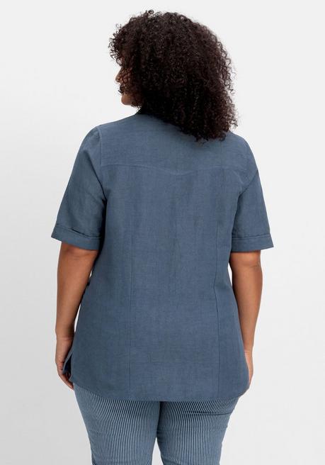 Sheego Hemdbluse Im Leinen-Mix, Mit Druckknopfleiste - Dunkelblau Sheego