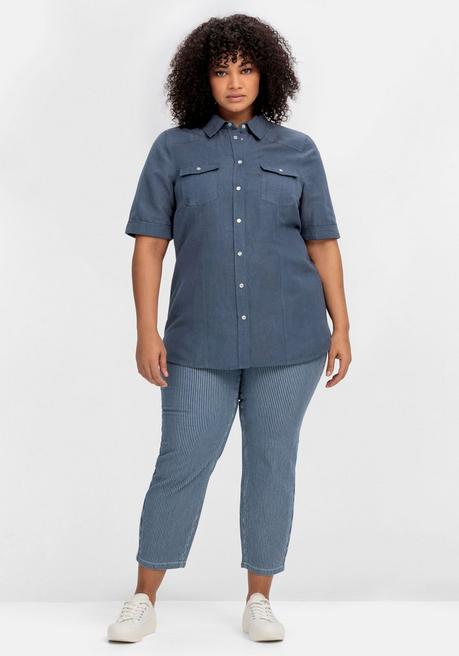 Sheego Hemdbluse Im Leinen-Mix, Mit Druckknopfleiste - Dunkelblau Sheego