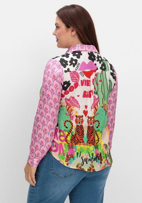 Sheego Loves Miss Goodlife Hemdbluse Im Mustermix, Aus Viskose-Satin - Blattgrün Gemustert Sheego