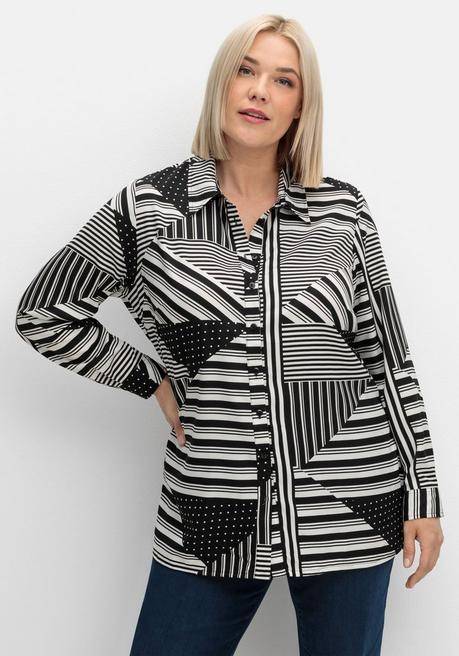 Sheego Hemdbluse Mit Grafischem Patchwork-Druck - Schwarz Gemustert Sheego