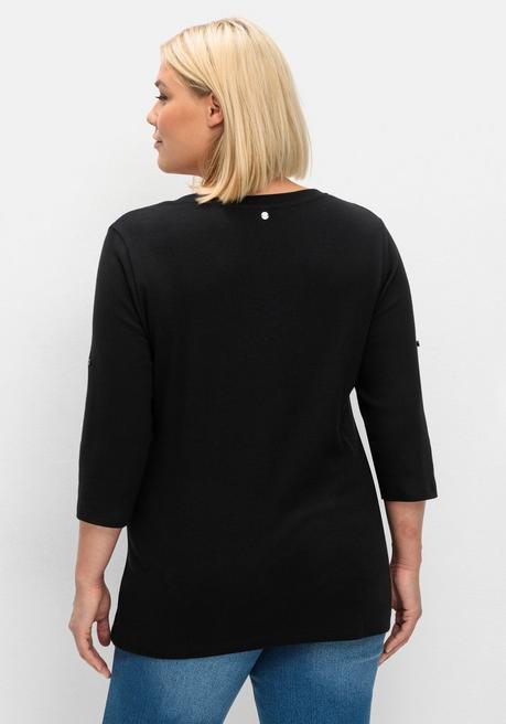 Sheego Henleyshirt Mit 3/4-langen Krempelärmeln - Schwarz Sheego