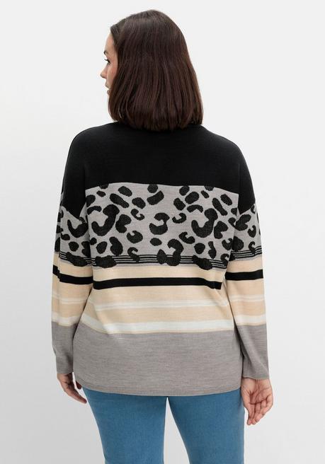 Sheego Jacquard-Pullover Im Mustermix, Mit Animalprint - Schwarz Gemustert Sheego