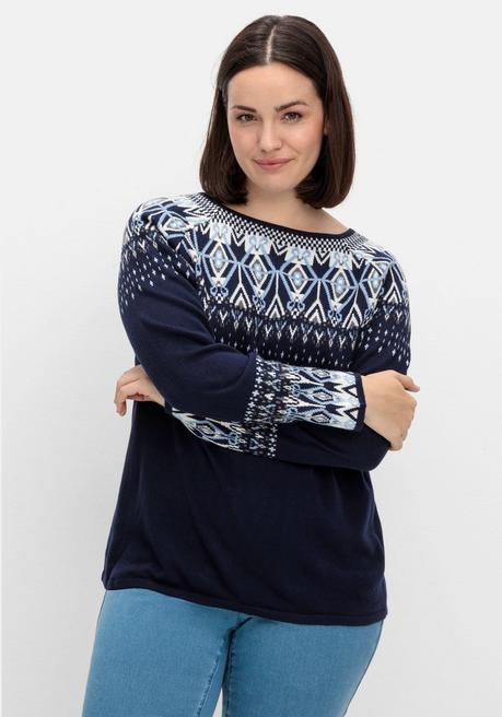 Sheego Jacquard-Pullover Mit Norwegermuster - Marine Gemustert Sheego