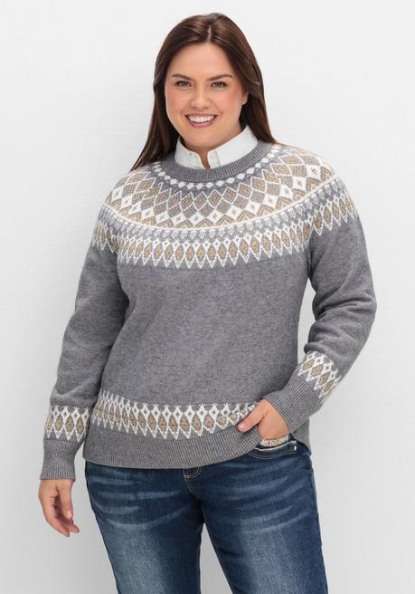 sheego by Joe Browns Jacquardpullover mit Norwegermuster - grau meliert sheego