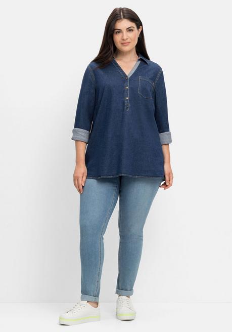 Sheego Jeanstunika Mit V-Ausschnitt Und Hemdkragen - Dark Blue Denim Sheego
