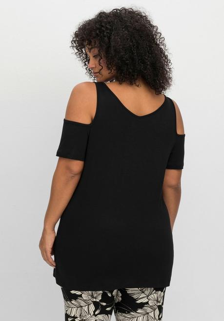 Sheego Jerseyhirt Mit V-Ausschnitt, Im Schulterfreien Look - Schwarz Sheego