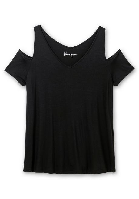 Sheego Jerseyhirt Mit V-Ausschnitt, Im Schulterfreien Look - Schwarz Sheego