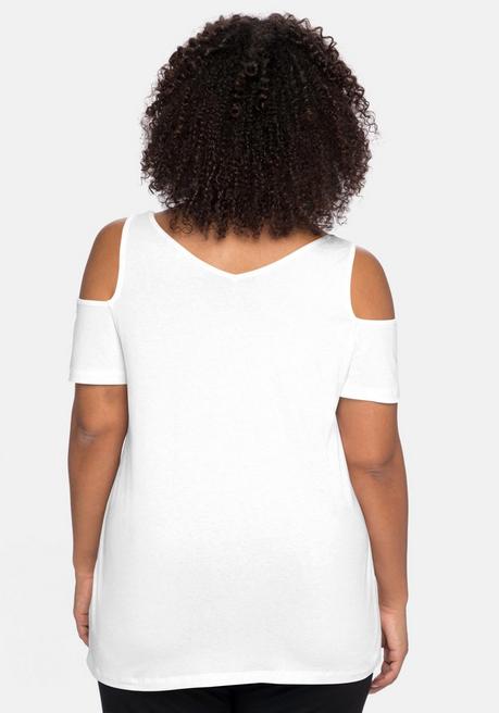 Sheego Jerseyhirt Mit V-Ausschnitt, Im Schulterfreien Look - Weiß Sheego