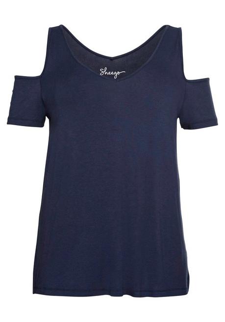 Sheego Jerseyhirt Mit V-Ausschnitt, Im Schulterfreien Look - Nachtblau Sheego