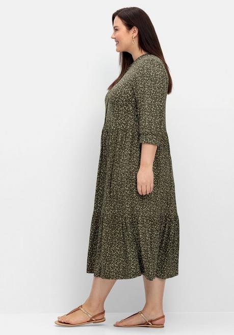 Sheego Jerseykleid Im Millefleursprint, Mit Stufenvolant - Dunkeloliv Gemustert Sheego