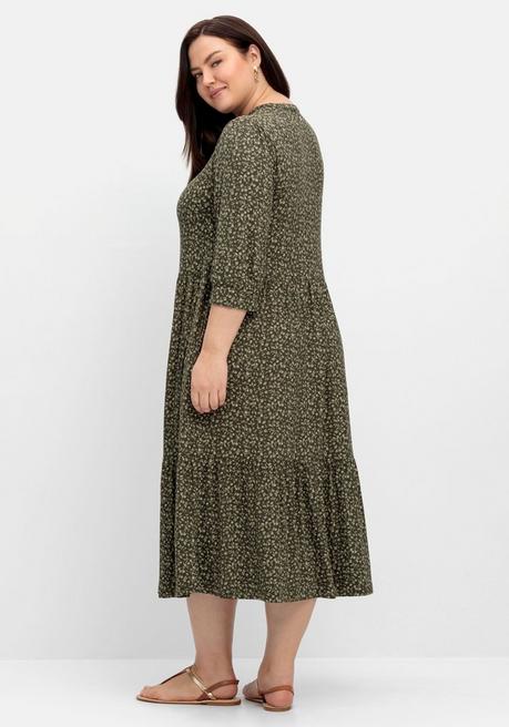 Sheego Jerseykleid Im Millefleursprint, Mit Stufenvolant - Dunkeloliv Gemustert Sheego