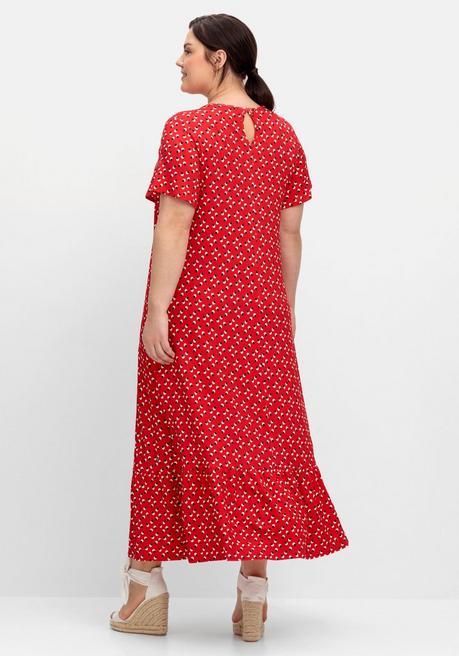 Sheego Jerseykleid In Maxilänge, Mit Volant Am Saum - Mohnrot Gemustert Sheego