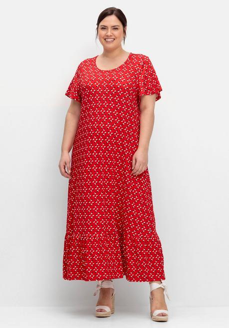 Sheego Jerseykleid In Maxilänge, Mit Volant Am Saum - Mohnrot Gemustert Sheego