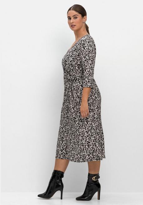 Sheego Jerseykleid In Wickeloptik, Mit Blätterprint - Schwarz Gemustert Sheego
