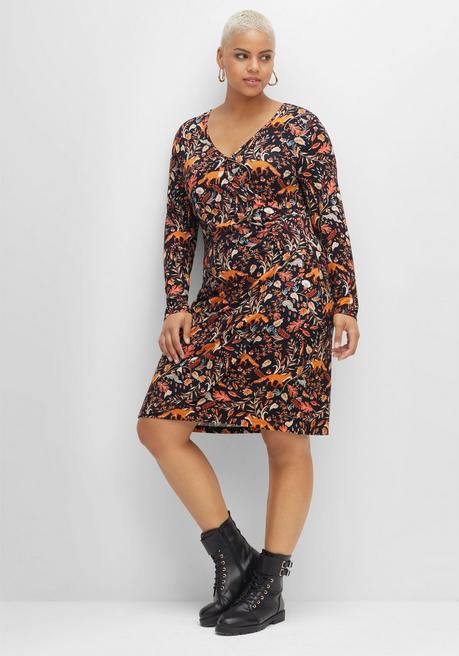 Sheego By Joe Browns Jerseykleid In Wickeloptik Mit Tiefem V-Ausschnitt - Schwarz Bedruckt Sheego